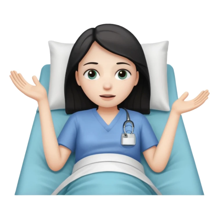 person lying in hospital bed with their eyes open holding up their left hand sticker