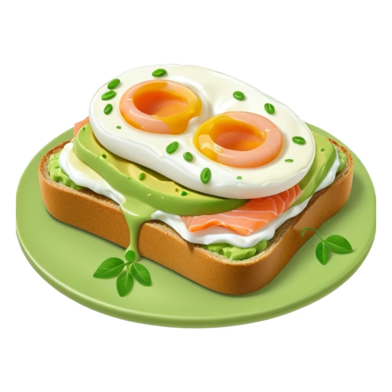 avocado toast with salmon and pachot eggs, green cream is covering everything sticker