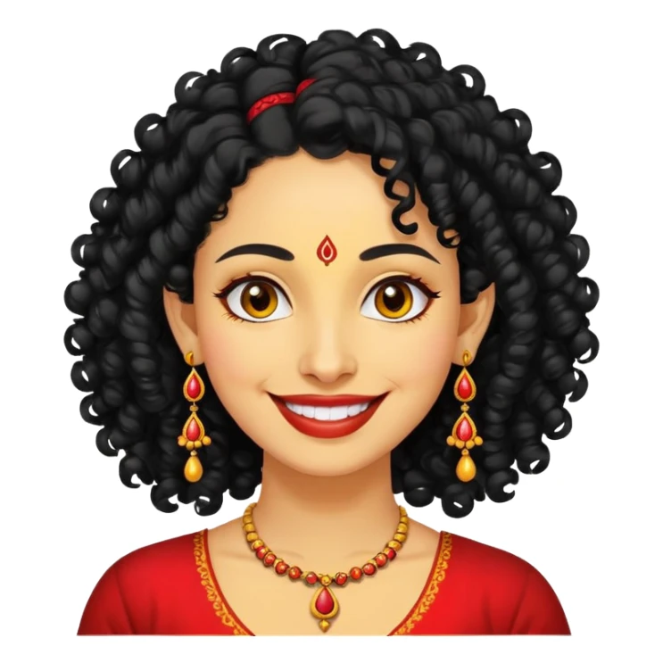 "- Phụ nữ
- 35 tuổi
- Da vàng
- Tóc đen xoăn nhẹ
- Có chấm đỏ Bindi, đeo khuyên tai
- Mặt cười
" sticker