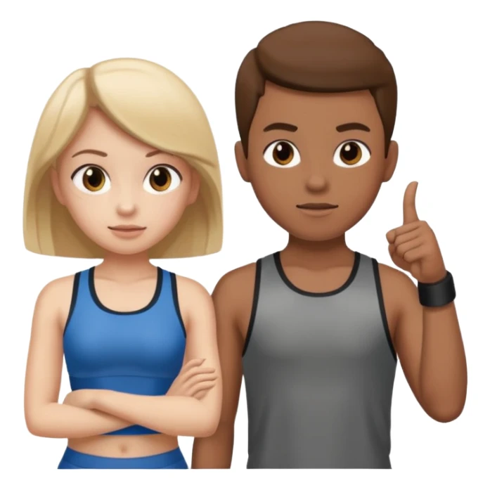 Girl and boy in gym clothes who points out sticker