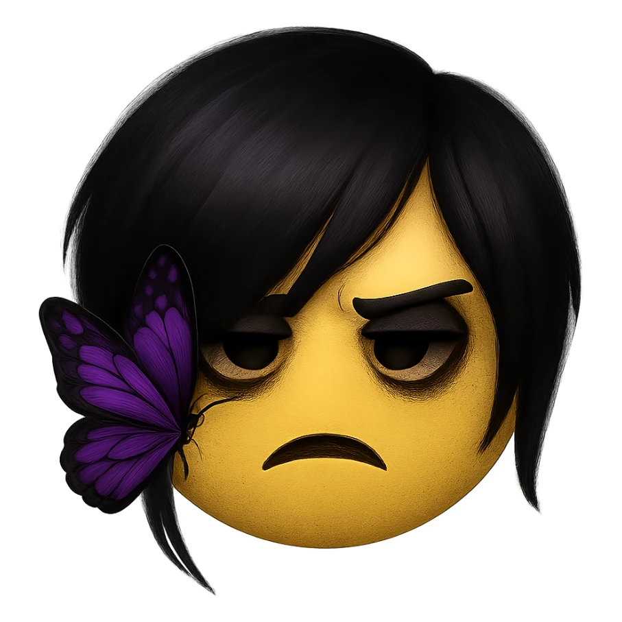 emo emoji, black and purple butterfly, moody and dramatic, no background sticker
