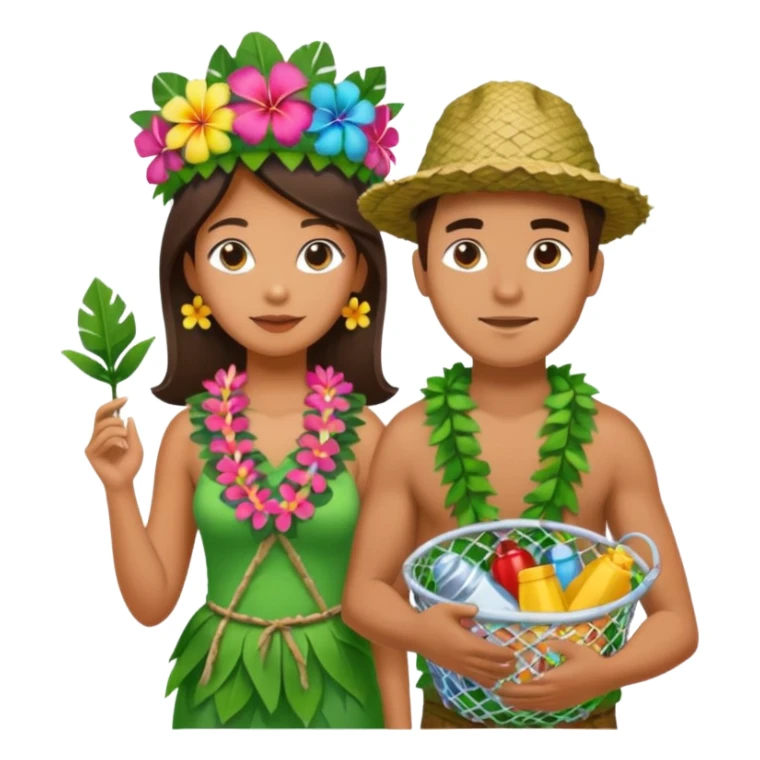 Hawaiian woman man with leaf hat and big trash net and colorful cloth sticker