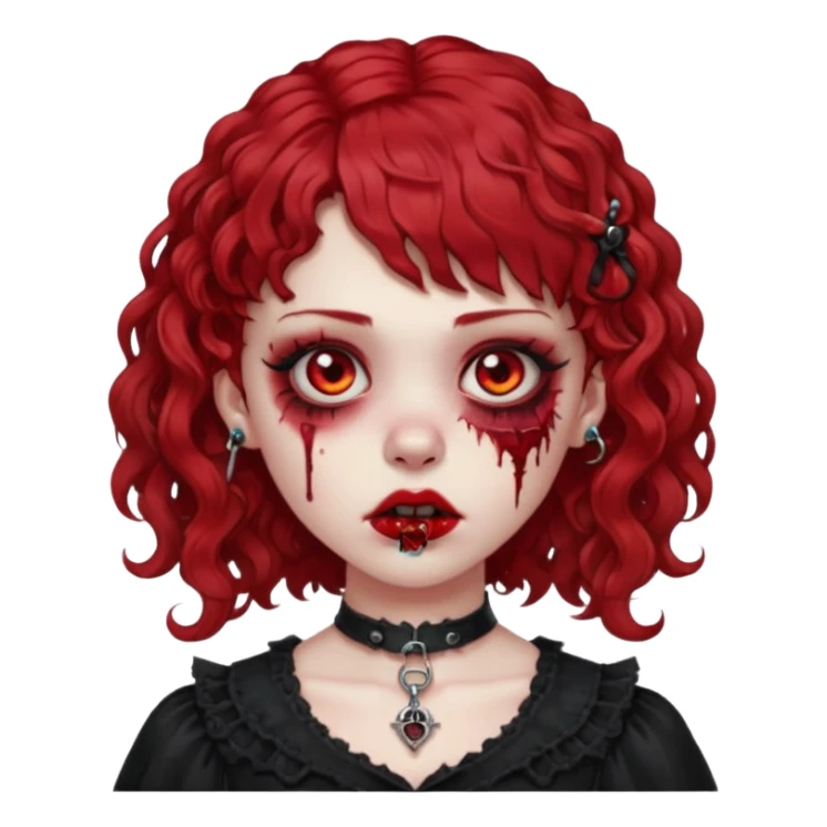 zombie girl red hair cacheado médio e franja, com piercing na boca(labret lateral), roupa gótica  sticker