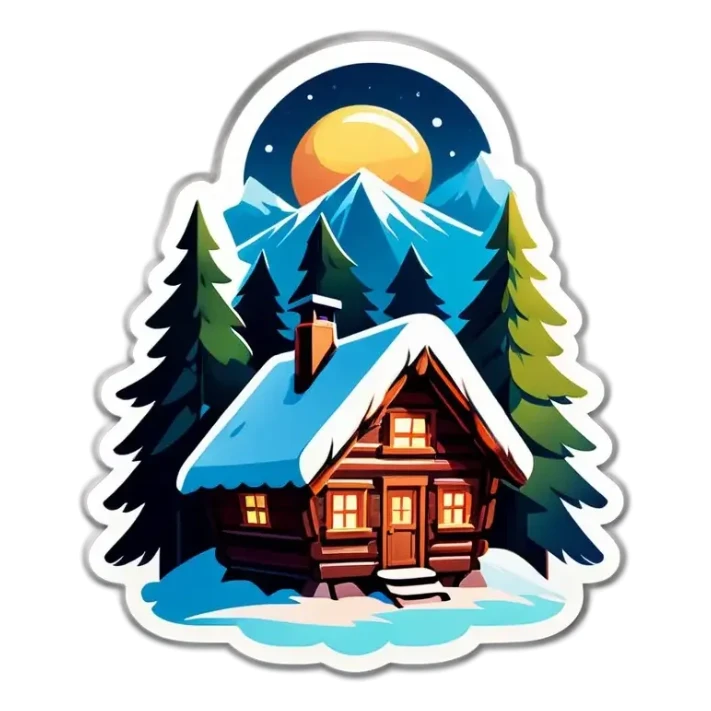Schneebedeckte Hütte im Wald mit einem Glasdach Nordlichter am Himmel sticker