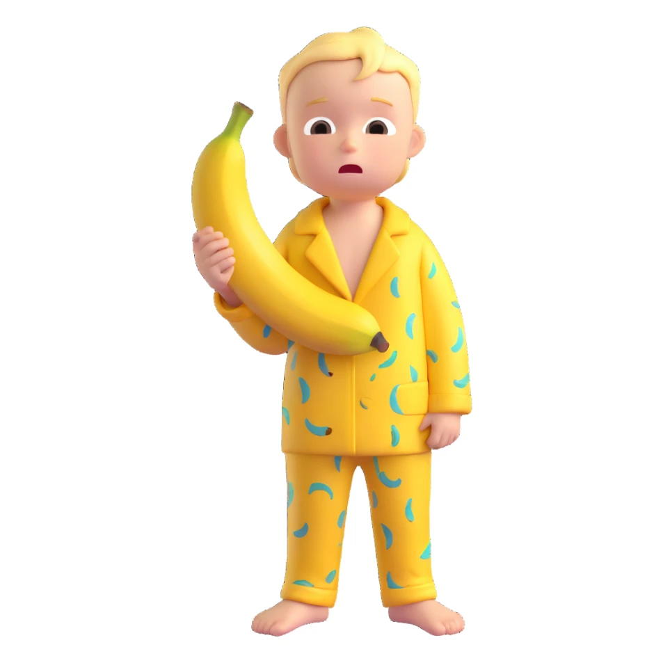 Change the boy's emotion to crying with visible tears, keeping his appearance, pose, pajamas, and the banana piece in his hand exactly the same. Maintain the same 3D cartoon style with soft, natural colors. No background (transparent). sticker
