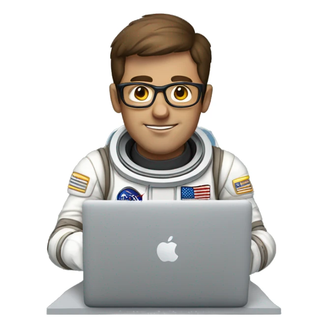 Man in glasses and an astronaut suit working on a MacBook.He has short brown hair and a friendly expression. sticker