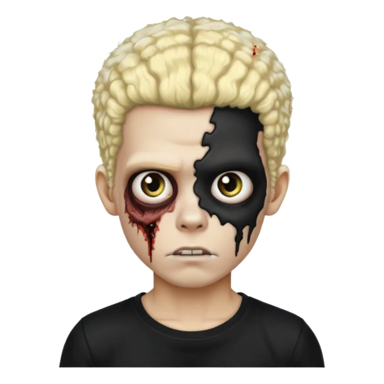 zombie boy with split blonde and black afro, black shirt sticker