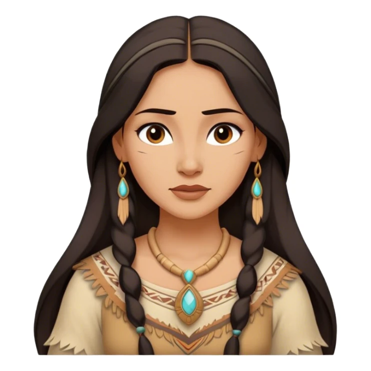 Cinematic Timeless Pocahontas Portrait Emoji, rendered in a realistic, vector style. Depict Pocahontas with warm, glowing skin, naturally flowing dark hair, and a serene, gentle expression, wearing traditional garments in muted earth tones. The design features bold, clean proportions, a soft, inviting glow, and a subtle glowing outline that captures her enduring natural beauty. sticker