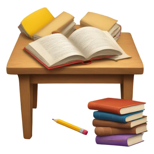 Wooden table with books and pencils on top sticker