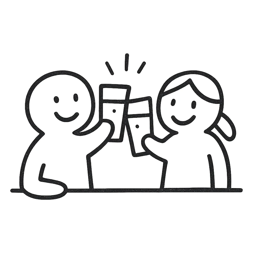 cute line drawing for coloring: two friends clinking juice glasses in a bar, simple line style, no fill, for children to color sticker