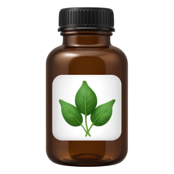 brown glass bottle of supplements with white label, black thin title K2 and small spinach emoji sticker