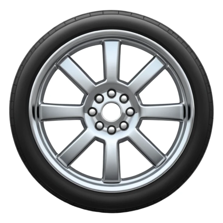 A chrome car wheel emoji, polished silver metal rim, smooth circular shape, minimal futuristic design, soft reflections, iOS emoji style, centered on white background, ultra clean look sticker