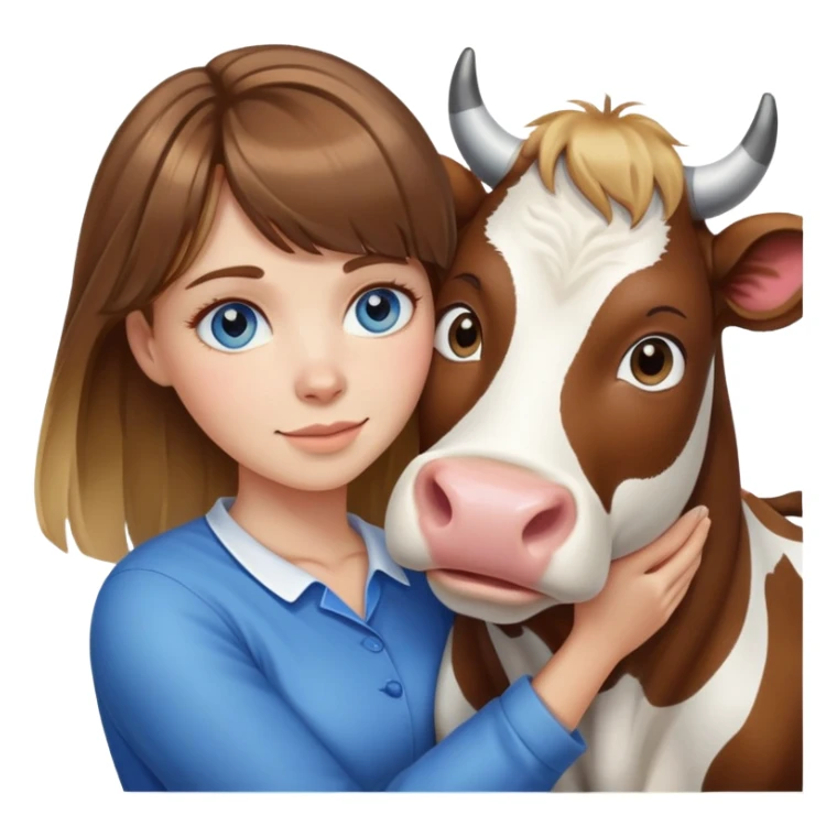 Woman with brown hair and blonde highlights, bangs in front, blue eyes, hugging a cow sticker