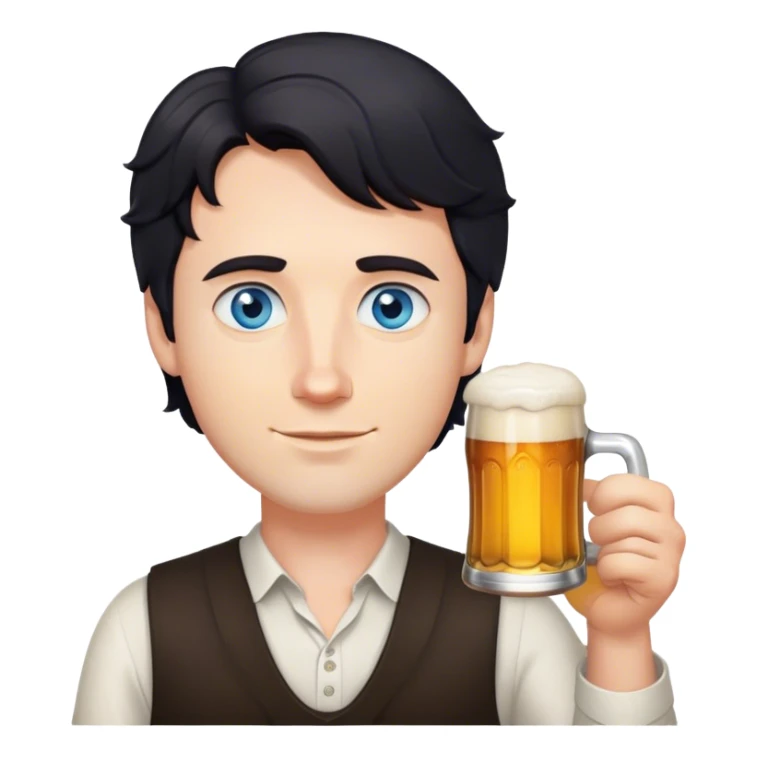 white guy blue eyes short wavy black hair holding beer sticker