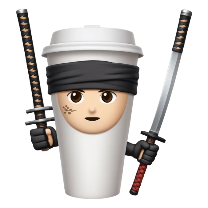 A paper coffee cup with arms and eyes, wearing a black ninja headband and wielding a samurai katana sticker