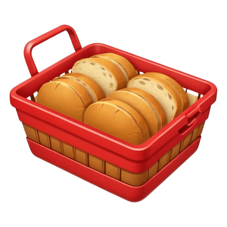 bread basket emoji top view almost empty except one crumb, small red battery icon (5% charge) in upper right corner, bold outlines, flat color palette, gentle gradients, emoji style sticker