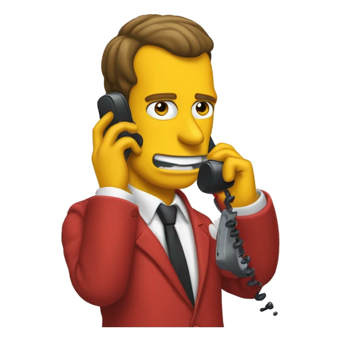 Macron in simpson style dressed as camrom red outfit making a phone call on a flip phone sticker
