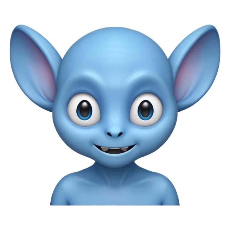 friendly but wild blue alien emoji with big floppy ears, sharp teeth, wide eyes, mischievous smile, 3D Apple/WhatsApp style, round head, soft shading, bold outlines sticker