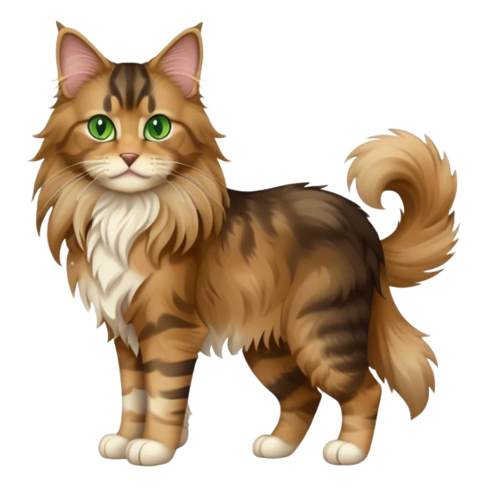 A light brown and black long haired Maine coon cat with green eyes with a chibi full body sticker