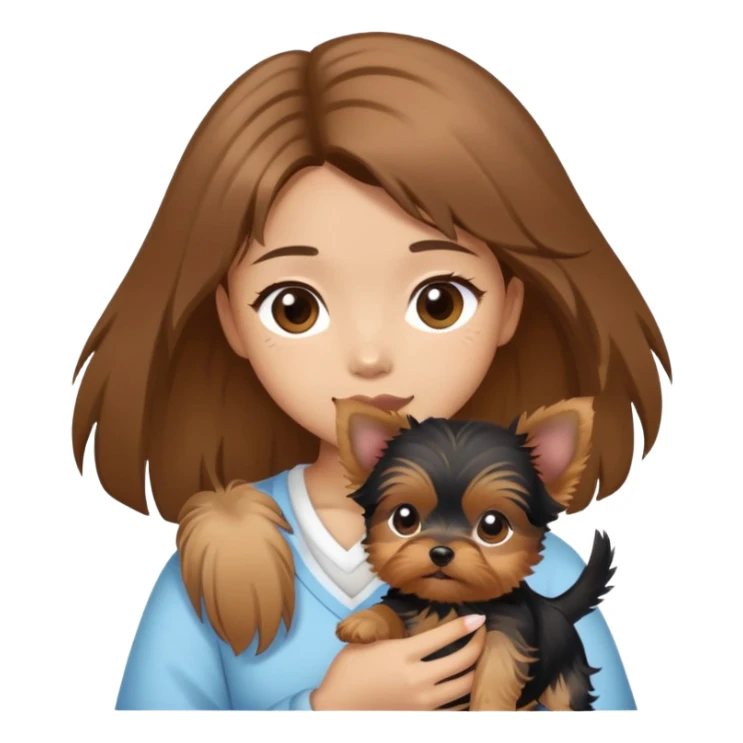 a brown-haired asian girl with a yorkie puppy sticker