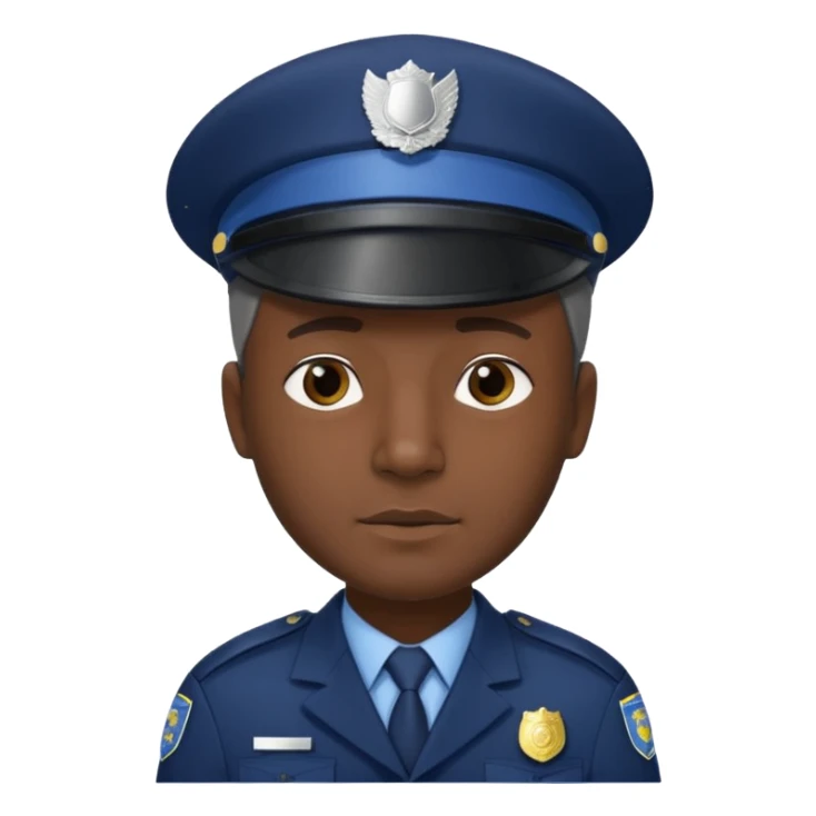 A dark-skinned man wearing a navy police hat with a silver badge, facing forward with a neutral expression. sticker