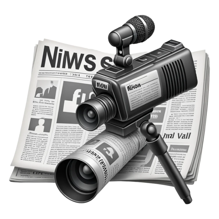 An icon featuring a microphone, a newspaper, a professional camera Nikon D5, representing journalism and mass media. The design includes headlines and imagery, symbolizing the spread of news and information. Transparent background highlights the power of communication and media. sticker
