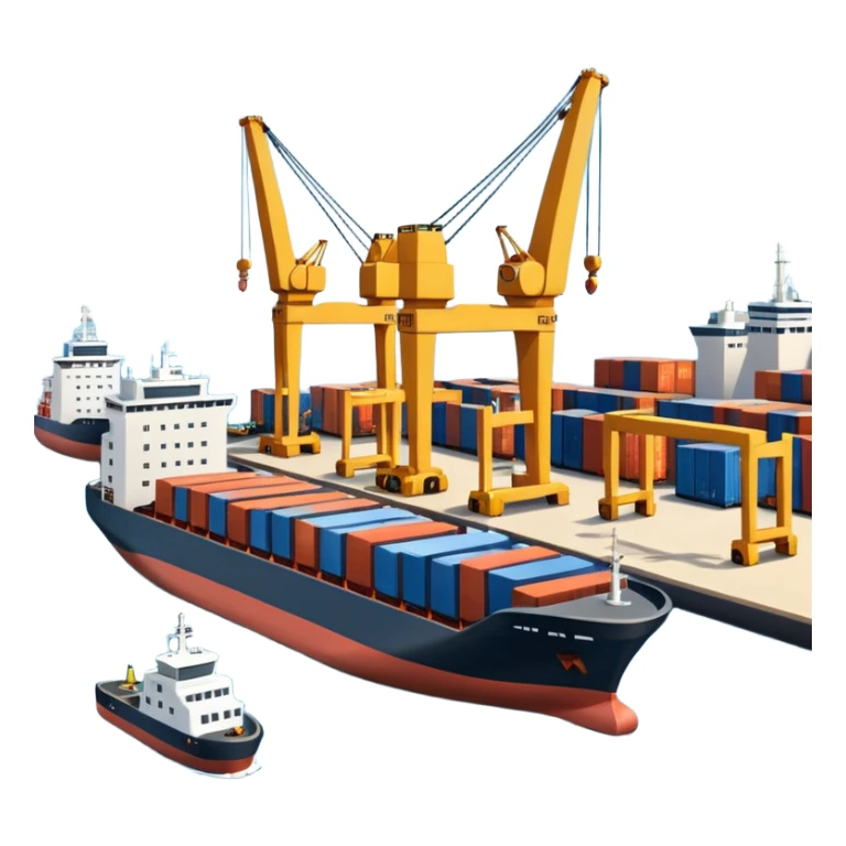 A 3D cartoon cargo or passenger seaport terminal with cranes and ships docked, calm lighting, Memoji-style realism. sticker