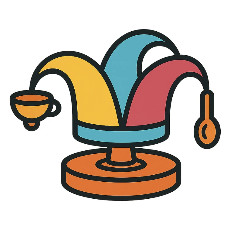 modern vector logo of a jester's hat with ceramic glaze effect, pottery wheel base, one bell is a clay bowl, another is a wooden spoon, warm inviting palette yellow, sky blue, raspberry red, playful, elegant, branding-ready for culinary and pottery workshop sticker
