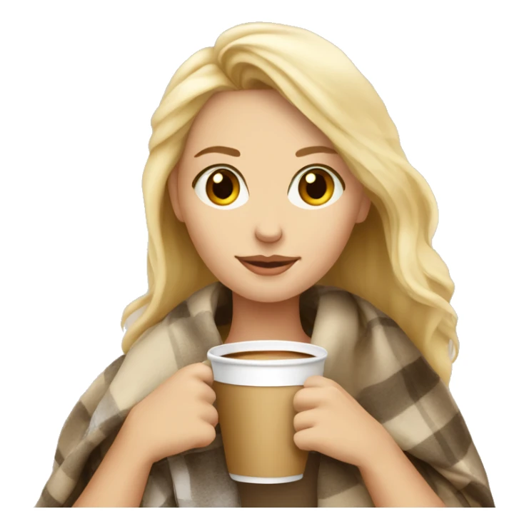 blonde girl in with a blanket and a latté coffe sticker