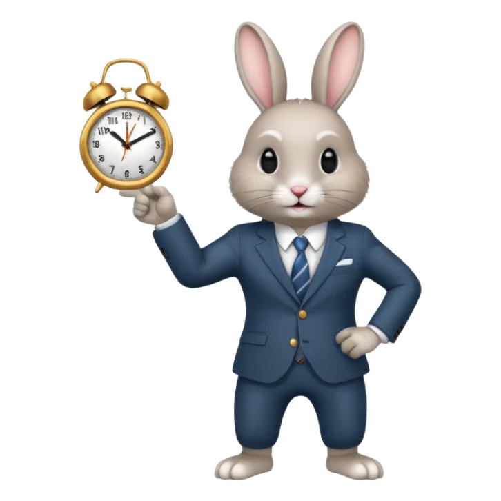 A rabbitwearing a suitand holding a clockand pointing at the clock sticker