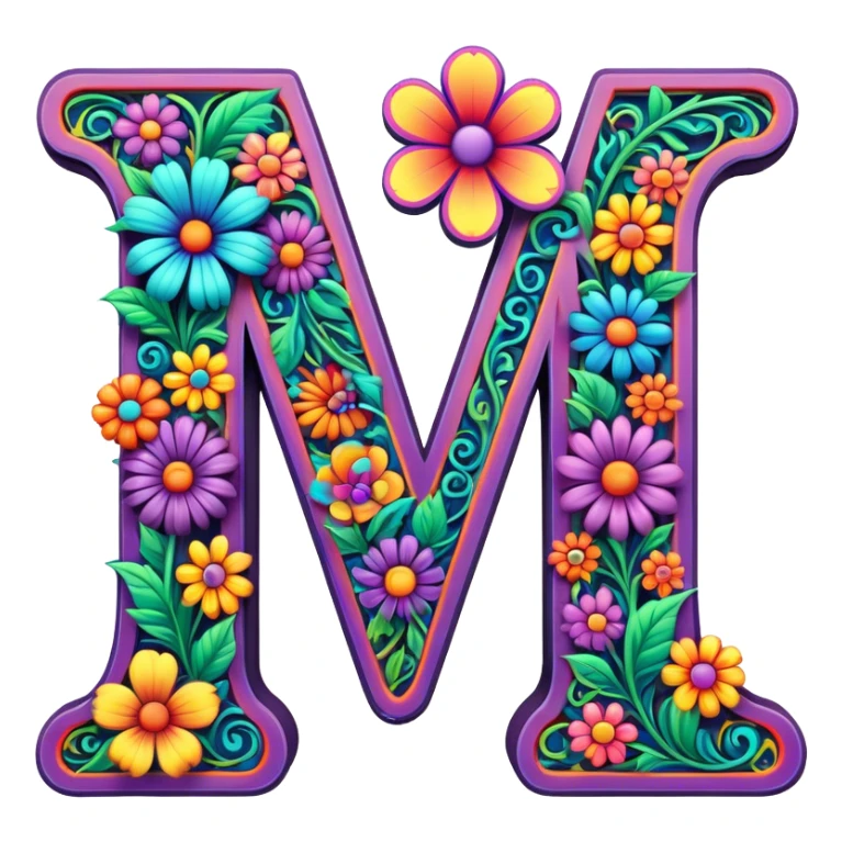 3D, gothic style psychedelic colored capital Letter M with hippie style flower border sticker