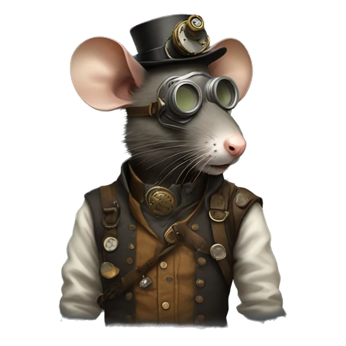 Profile of a rat with a steampunk cloth gas mask and ragged clothes. No hat  sticker