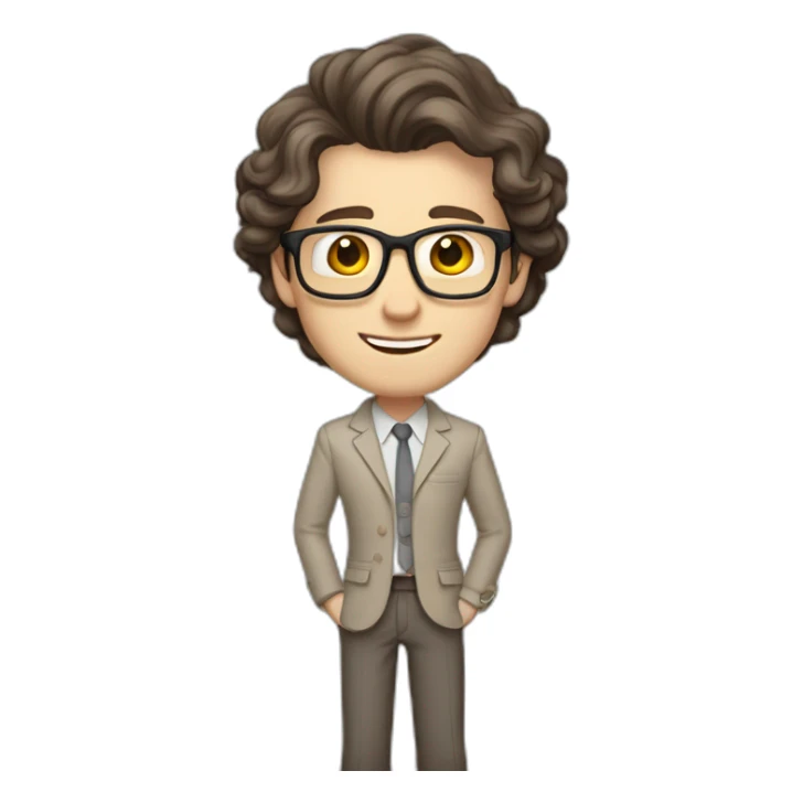 Joyful Full height Pale skinned Fit Man With dark brown hair in gray jacket, beige office shirt, Brown pants and vintage glasses. His thrumbs up sticker