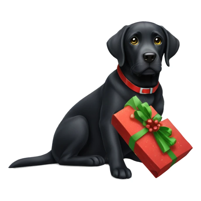 Black Labrador holding Christmas present sticker