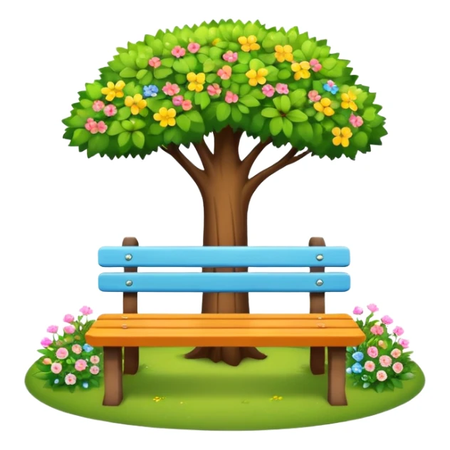 colorful bench under a tree with small flowers around, clean and friendly look sticker