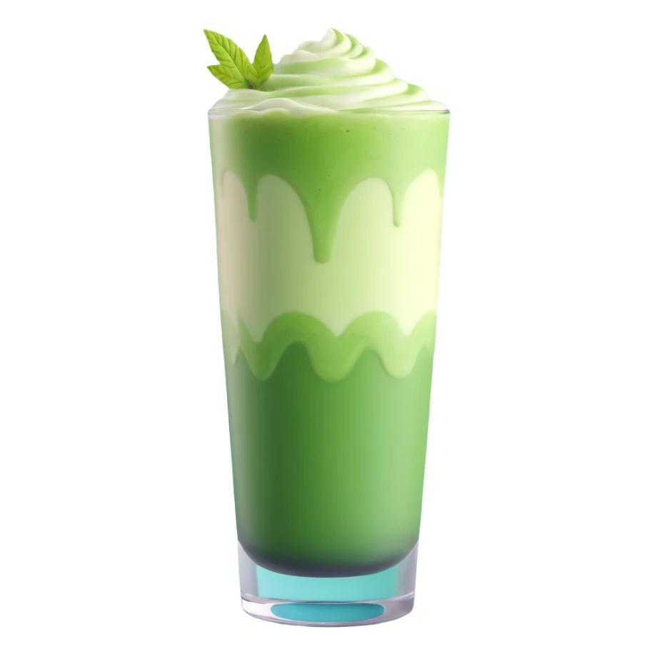 3D realistic iced matcha latte in a tall glass, visible ice, creamy green layers, photorealistic style sticker