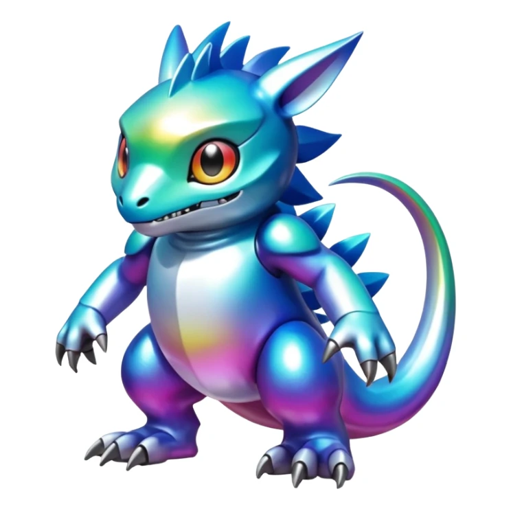 white iridescent colorful metallic alloy gradient shiny glossy Fakémon-Digimon-creature-hybrid (full body) sticker