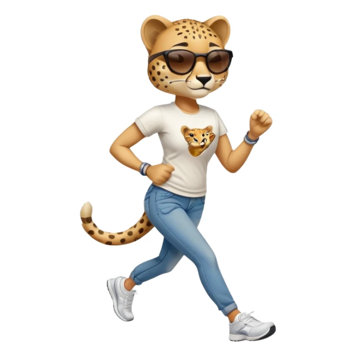 friendly anthropomorphised female cheetah in jeans and t-shirt, wearing dark sunglasses, jogging upright in standard pose sticker