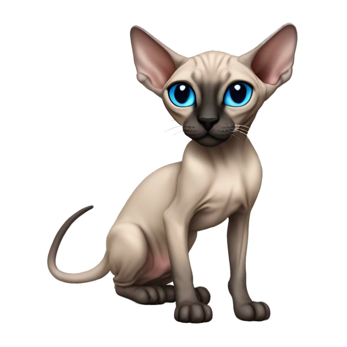 Siamese Sphynx Peterbald  cat with blue eyes, full thin body stand, black nose ears and tail sticker