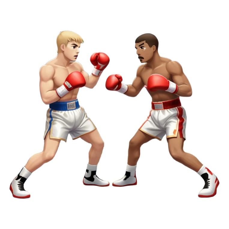 Two professional boxers in the ring fighting for the world championship title. One delivers a powerful straight punch to the head, while the other skillfully dodges. The background shows a brightly lit boxing arena with a roaring crowd. Transparent background sticker
