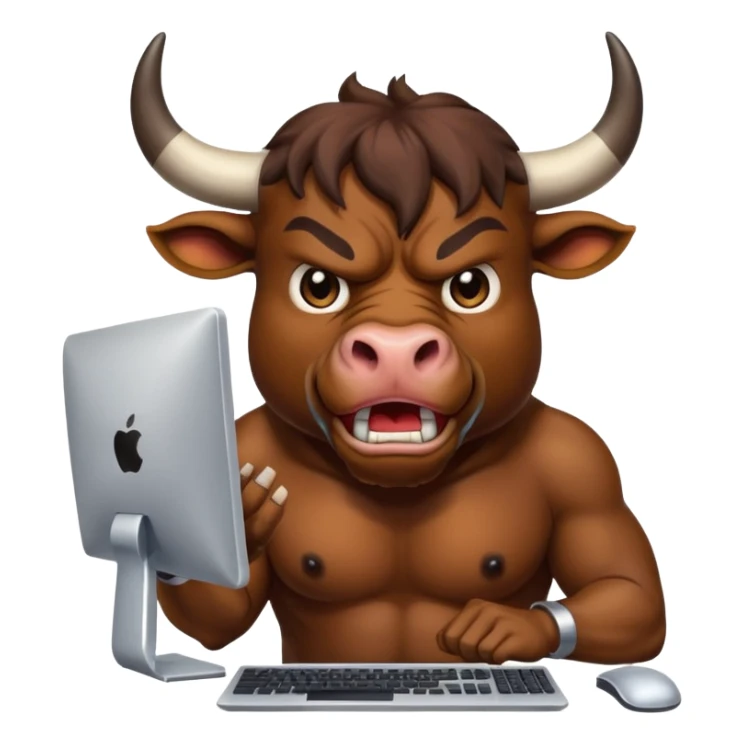 un toro arrabbiato seduto davanti al pc che impreca sticker