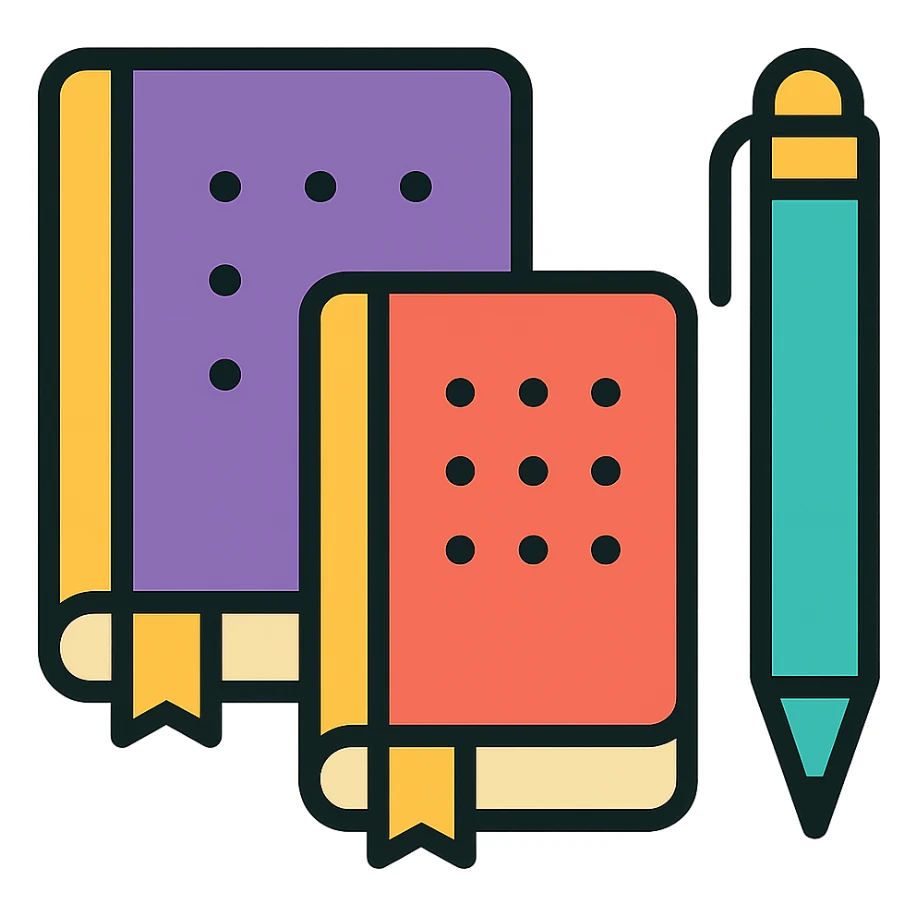Make the pen icon cyan and add a purple notebook next to it, keep the color outline icon style sticker