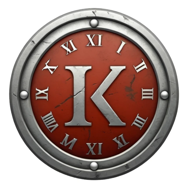 a steel badge with engraved roman numerals—looks battle worn sticker