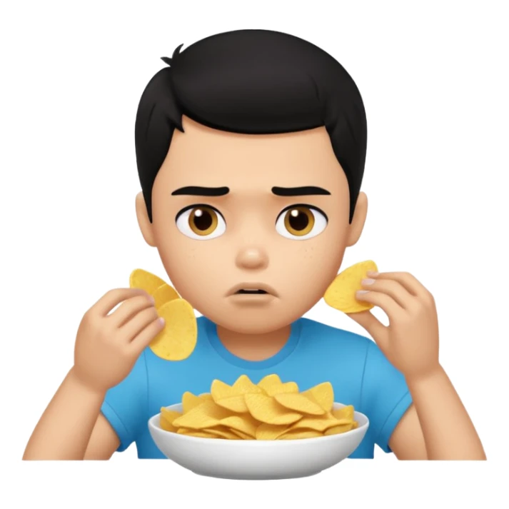 a PRETTY BRATZ boy with black hair, stuffing his face with chips and looking sad sticker