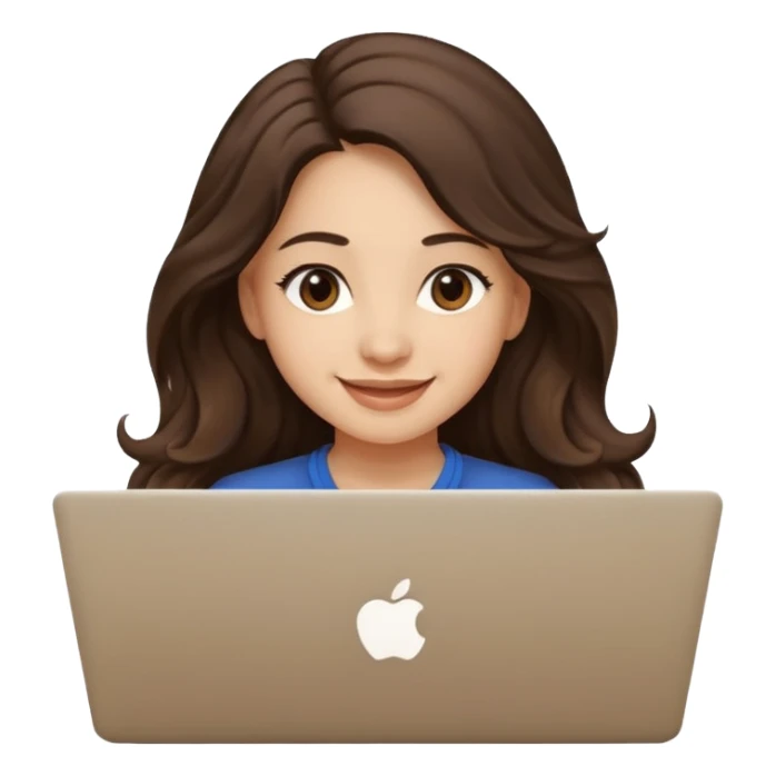 Cute female developer style sitting in front of laptop. No glasses, smiling with long hair waves. Light skin tone in early 20s. One black hair laptop sticker