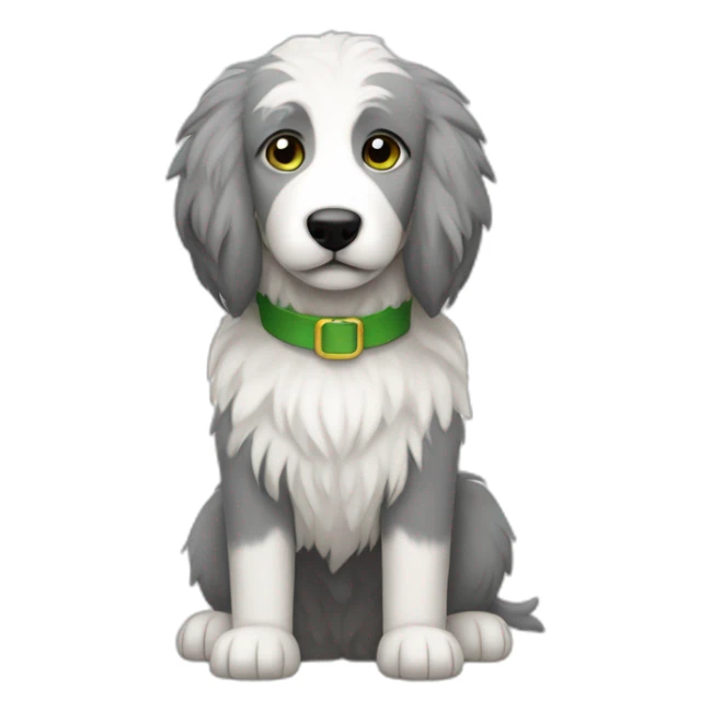 primarily grey and sometimes white, flully, skinny sheepdog with black eyes that are partially covered by fur, and a green collar sticker