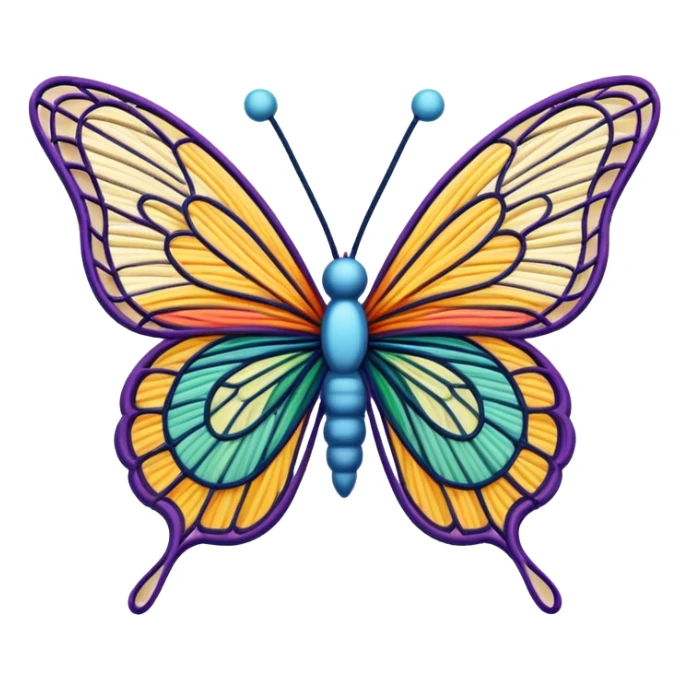 String art icon, colorful butterfly made with threads, wings formed by intricate thread patterns, body of the butterfly with visible thread ball structure, minimalistic style, clean lines, transparent background. sticker