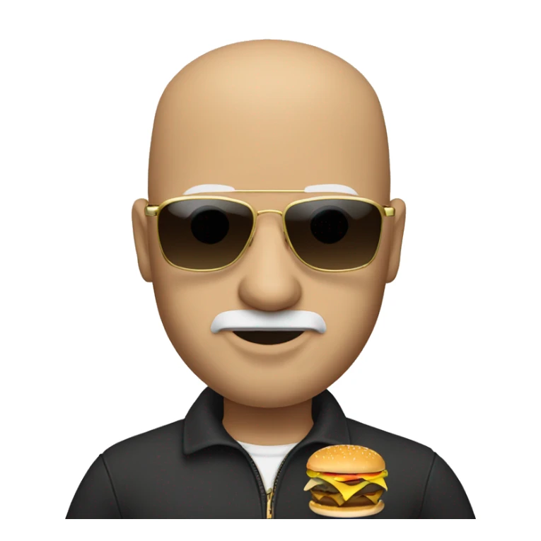 A white bald guy with a goatee wearing sunglasses and a gold chain holding a hamburger  sticker