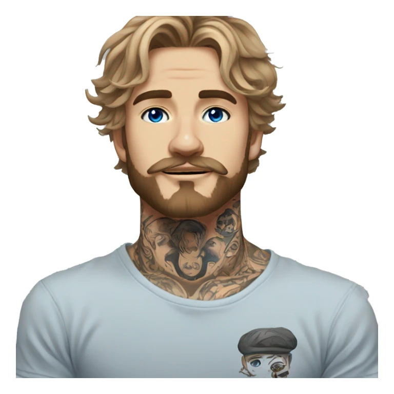 Man with Light brown hair, neck tattoos, arm tattoos, mustache and beard, blue eyes, silver nose piercing hoop, black anime graphic tee sticker