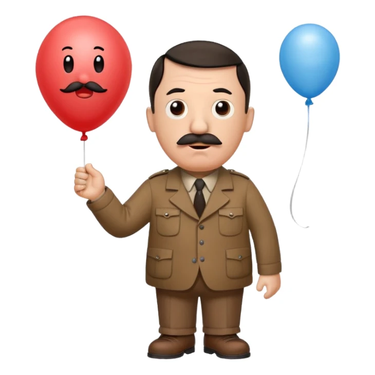 Adolf Hitler as a Mr. Men character, funny and cartoonish, with a small mustache and a surprised expression, wearing a brown shirt and holding a balloon sticker